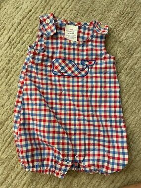 Vineyard Vines Red, White & Blue Gingham Whale Romper